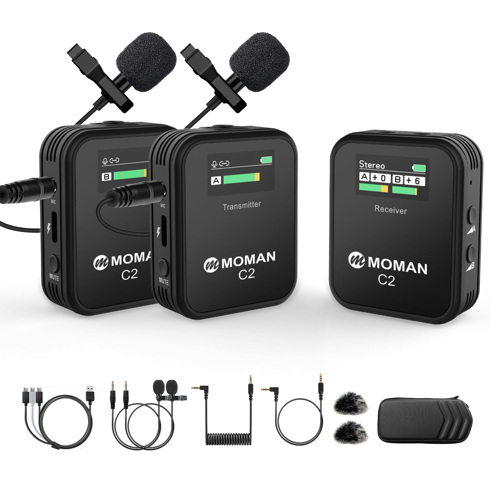 moman-c2x-funkmikrofon-2tx-1rx-ansteckmikrofon-display image 1